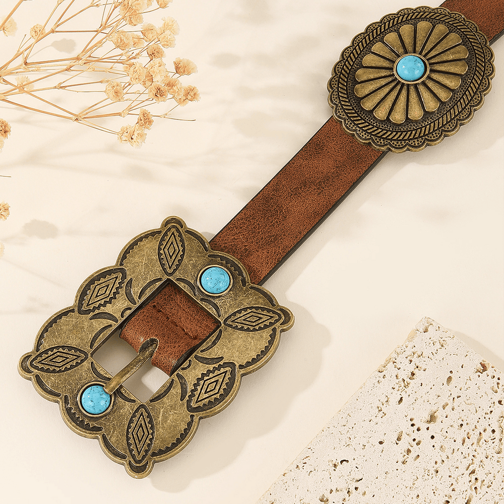 Cinturón turquesa con hebilla cuadrada de bronce para mujer - image 1