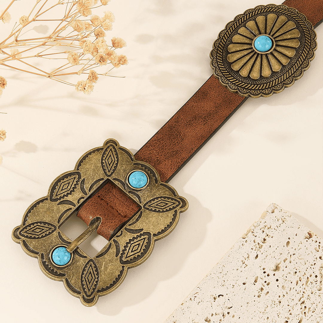 Cinturón turquesa con hebilla cuadrada de bronce para mujer - image 1