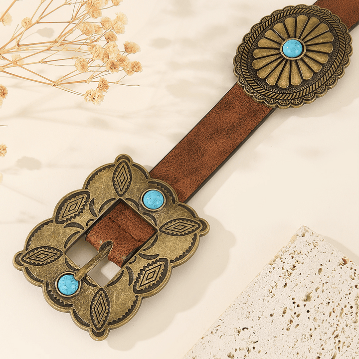 Cinturón turquesa con hebilla cuadrada de bronce para mujer - image 1