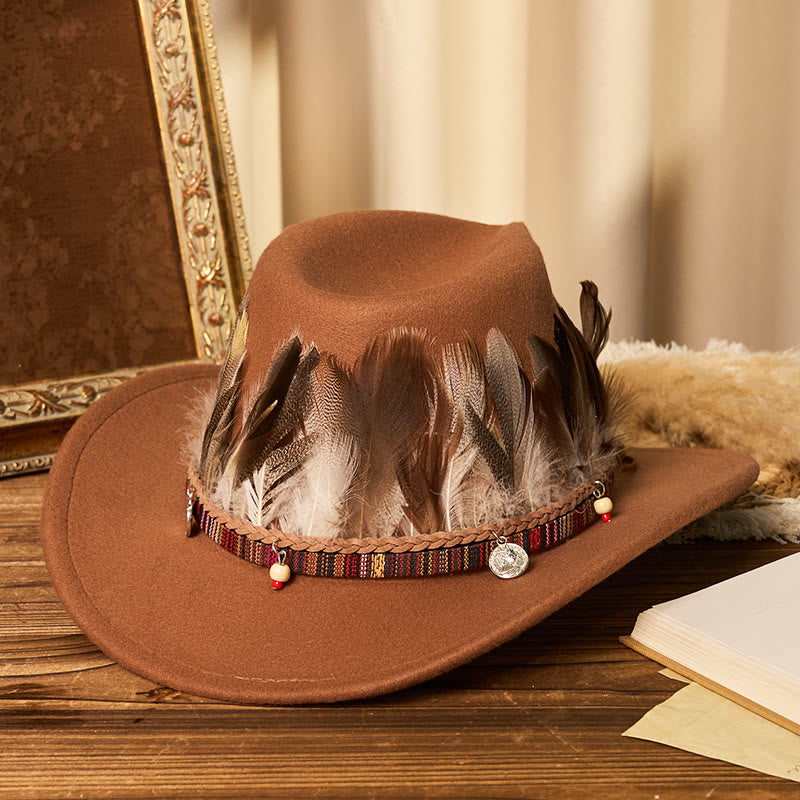 Sombrero vaquero de hombre con cinturón y ala tejida con plumas - Caramelo - M (22"-22 7/8") - image 0