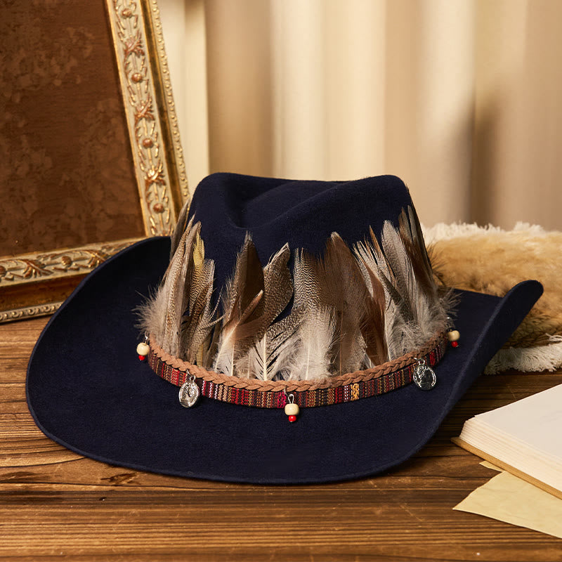 Sombrero vaquero de hombre con cinturón y ala tejida con plumas - Azul marino - M (22"-22 7/8") - image 3