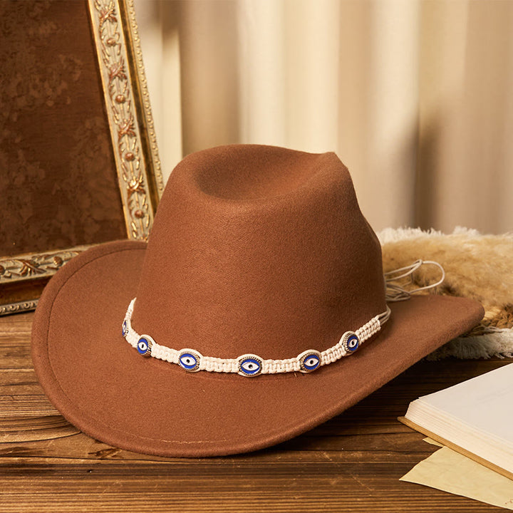 Sombrero vaquero de hombre con ala ancha y cinturón de punto blanco con ojo turco - Caramelo - M (22"-22 7/8") - image 0