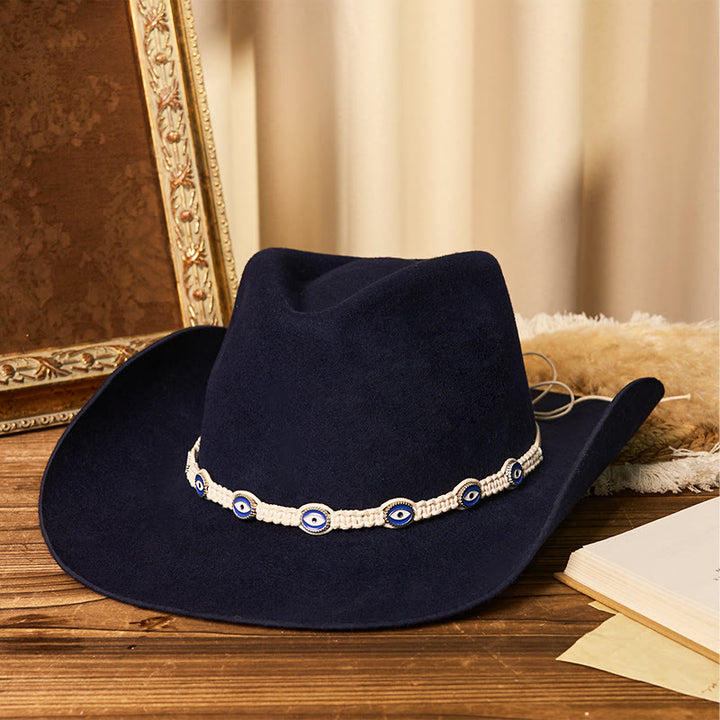 Sombrero vaquero de hombre con ala ancha y cinturón de punto blanco con ojo turco - Azul marino - M (22"-22 7/8") - image 3