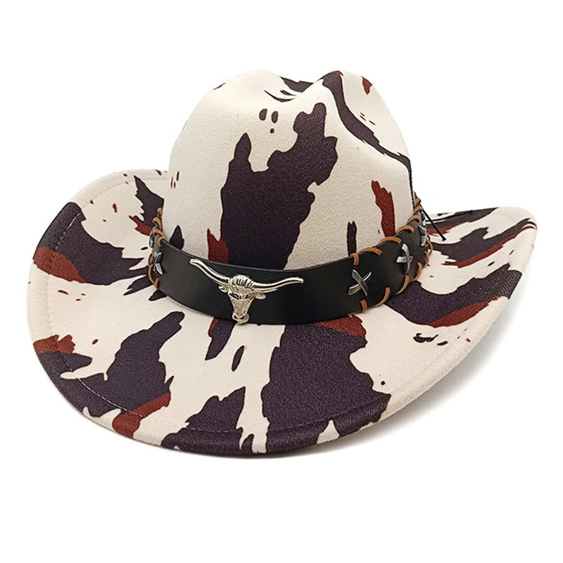 Sombrero vaquero con cinturón de toro de cuernos largos plateado para hombre, estampado de vaca - Estilo n.º 1 - M (22"-22 7/8") - image 0