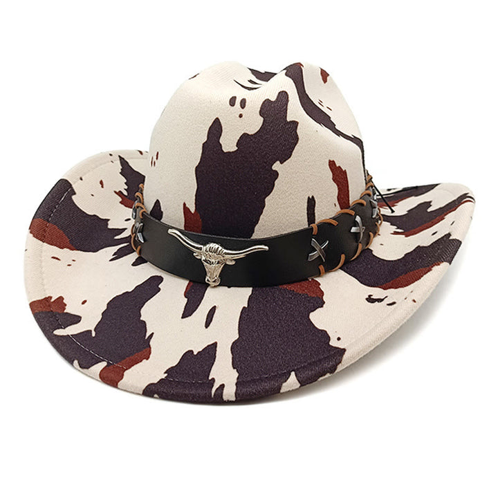 Sombrero vaquero con cinturón de toro de cuernos largos plateado para hombre, estampado de vaca - Estilo n.º 1 - M (22"-22 7/8") - image 0