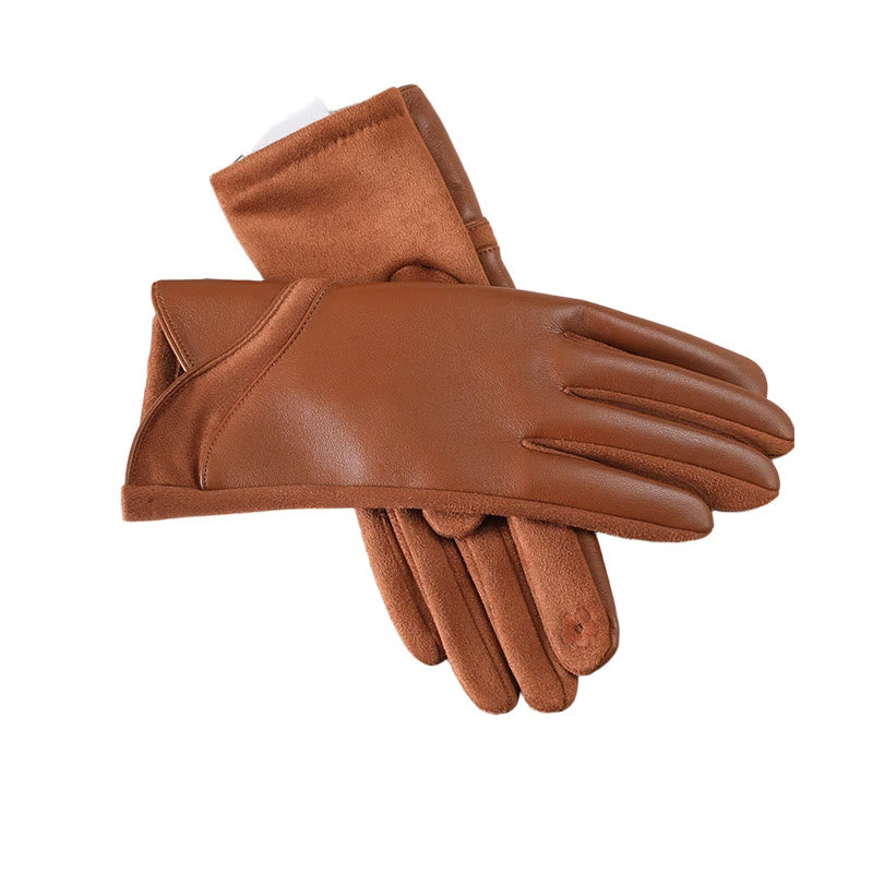 Guantes de cuero con diseño de empalme para mujer, cálidos y de invierno - Caqui - image 3