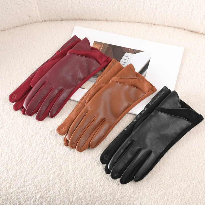 Guantes de cuero con diseño de empalme para mujer, cálidos y de invierno - image 0
