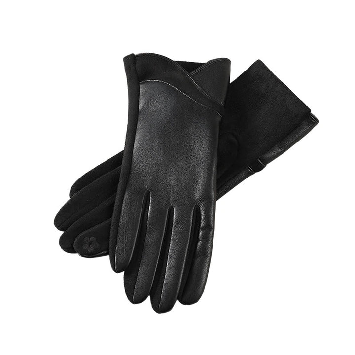 Guantes de cuero con diseño de empalme para mujer, cálidos y de invierno - Negro - image 4