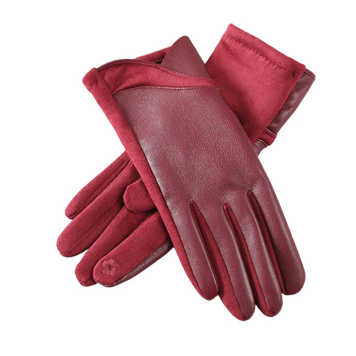 Guantes de cuero con diseño de empalme para mujer, cálidos y de invierno - Rojo - image 2