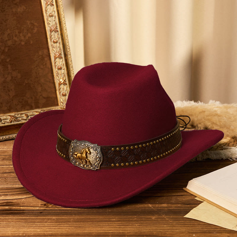 Sombrero vaquero para hombre con hebilla de caballo dorada, ala con remaches y cinturón - Vino - M (22"-22 7/8") - image 8