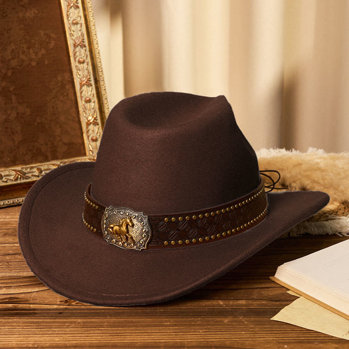 Sombrero vaquero para hombre con hebilla de caballo dorada, ala con remaches y cinturón - Café - M (22"-22 7/8") - image 7