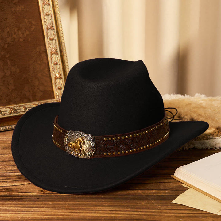 Sombrero vaquero para hombre con hebilla de caballo dorada, ala con remaches y cinturón - Negro - M (22"-22 7/8") - image 6