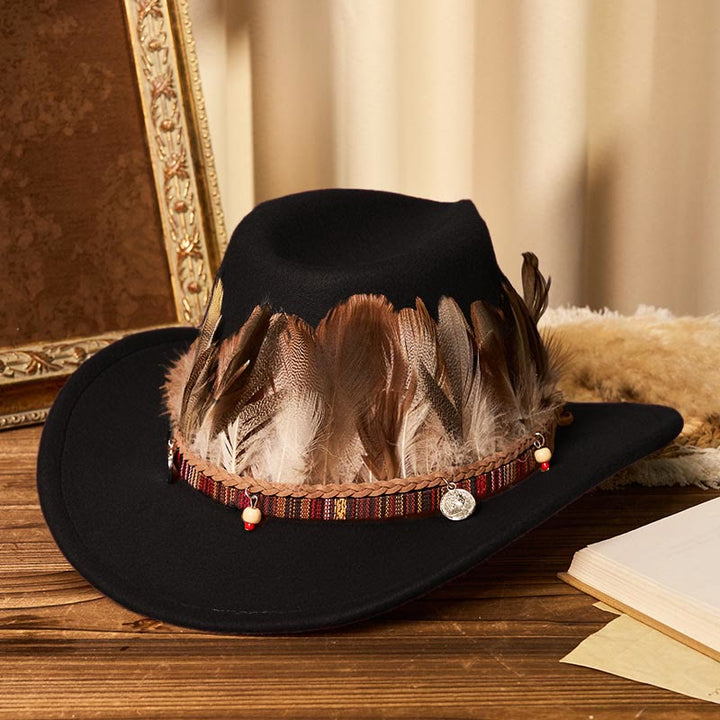 Sombrero vaquero de hombre con cinturón y ala tejida con plumas - Negro - M (22"-22 7/8") - image 6