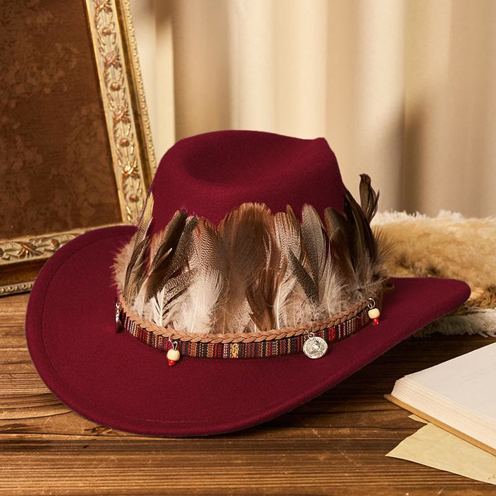 Sombrero vaquero de hombre con cinturón y ala tejida con plumas - Vino - M (22"-22 7/8") - image 8