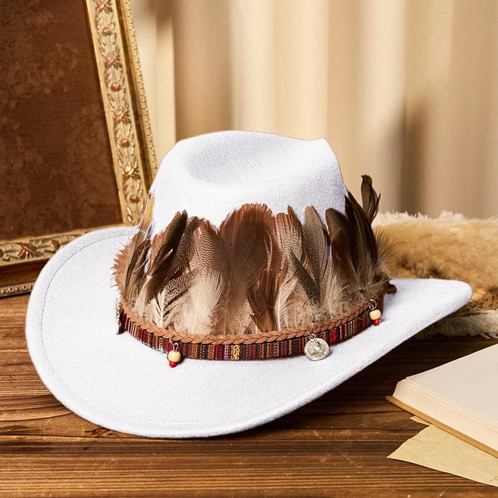 Sombrero vaquero de hombre con cinturón y ala tejida con plumas - Blanco - M (22"-22 7/8") - image 9