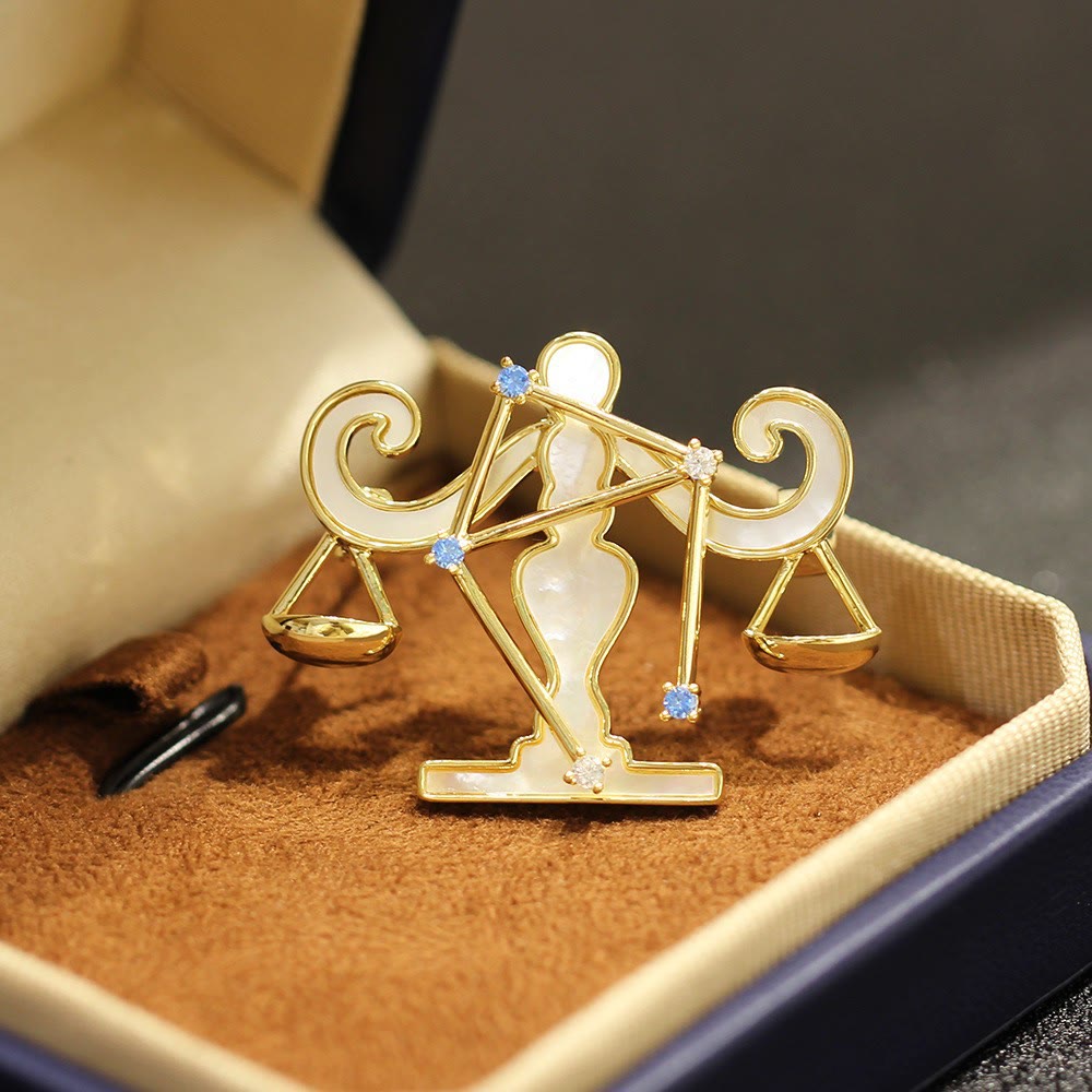 Broche de oro con nácar y cristal azul de las 12 constelaciones - Libra - image 12