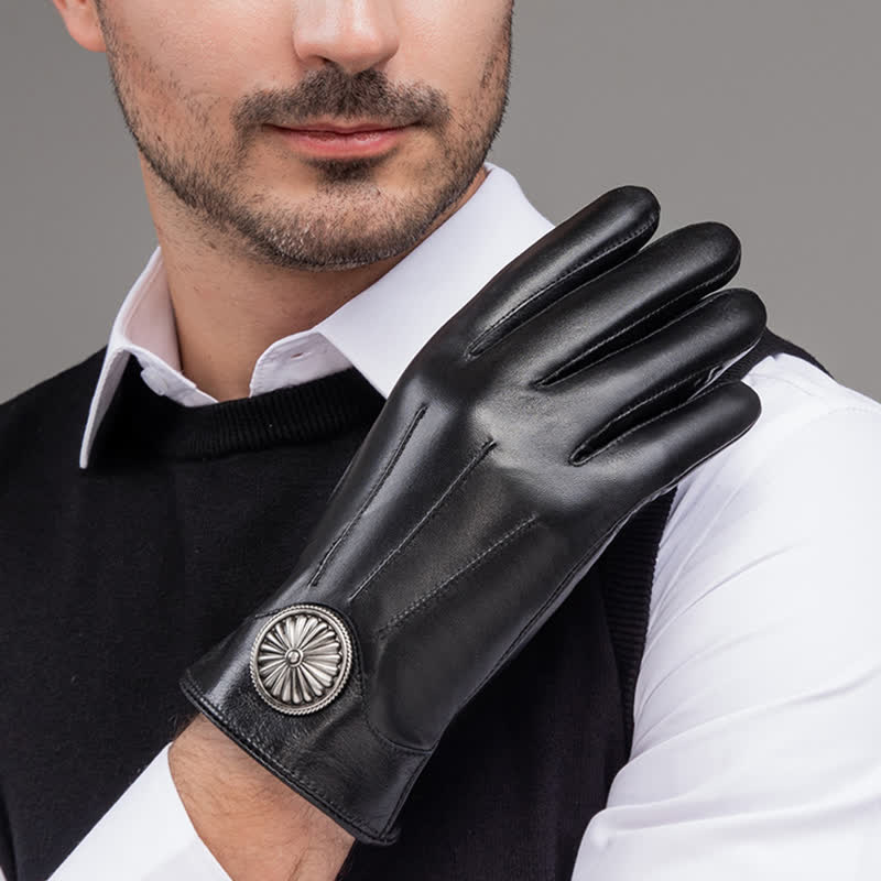 Guantes de cuero genuino con emblema de metal vintage negro para hombre - image 8
