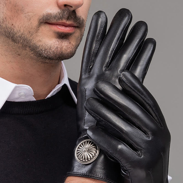 Guantes de cuero genuino con emblema de metal vintage negro para hombre - image 6