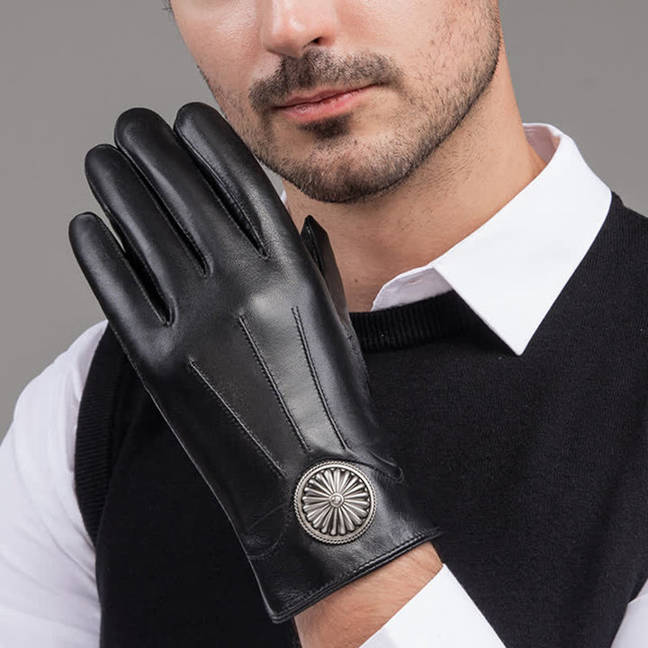 Guantes de cuero genuino con emblema de metal vintage negro para hombre - image 9