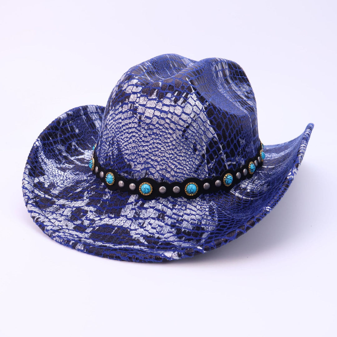 Sombrero de vaquero con estampado de cocodrilo y cinturón negro turquesa para hombre - Azul real - M (22"-22 7/8") - image 9