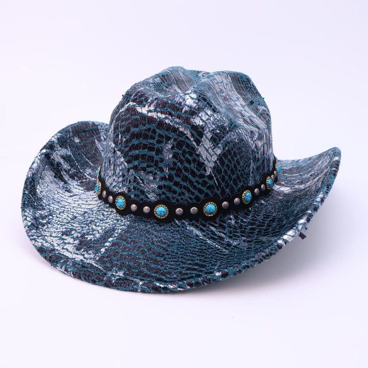 Sombrero de vaquero con estampado de cocodrilo y cinturón negro turquesa para hombre - Verde - M (22"-22 7/8") - image 6