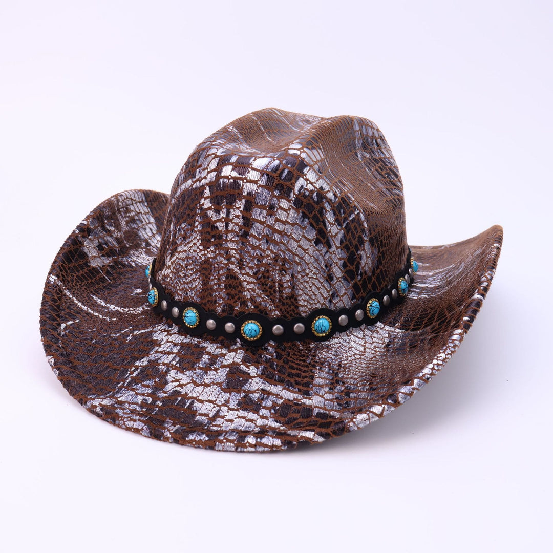 Sombrero de vaquero con estampado de cocodrilo y cinturón negro turquesa para hombre - Café - M (22"-22 7/8") - image 0