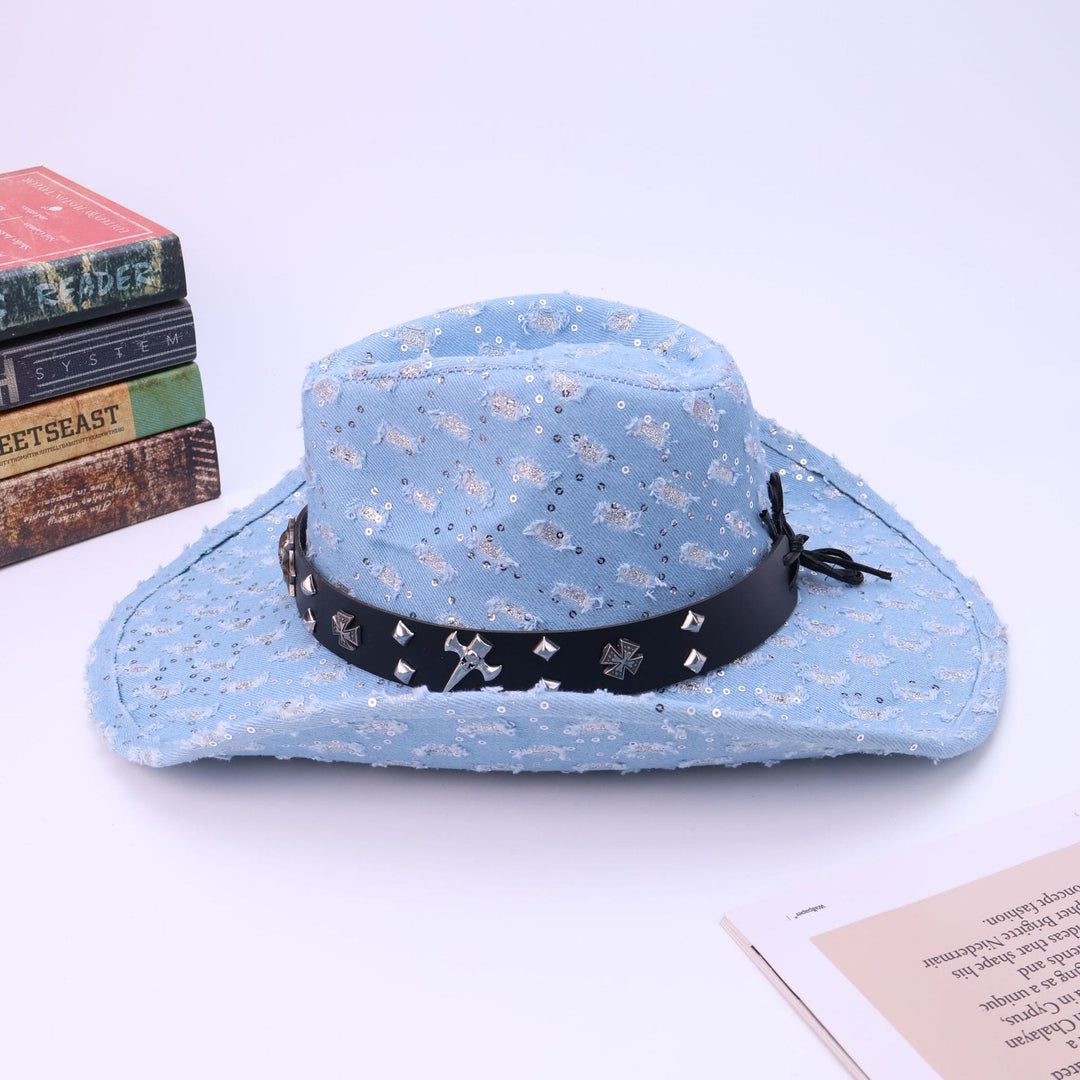 Sombrero de vaquero con cinturón negro y calavera plateada para hombre - image 3