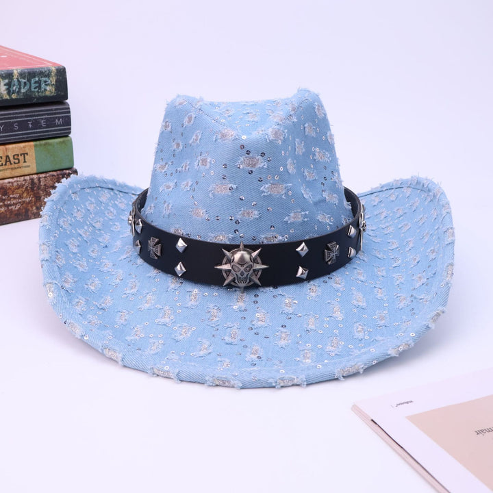 Sombrero de vaquero con cinturón negro y calavera plateada para hombre - image 2