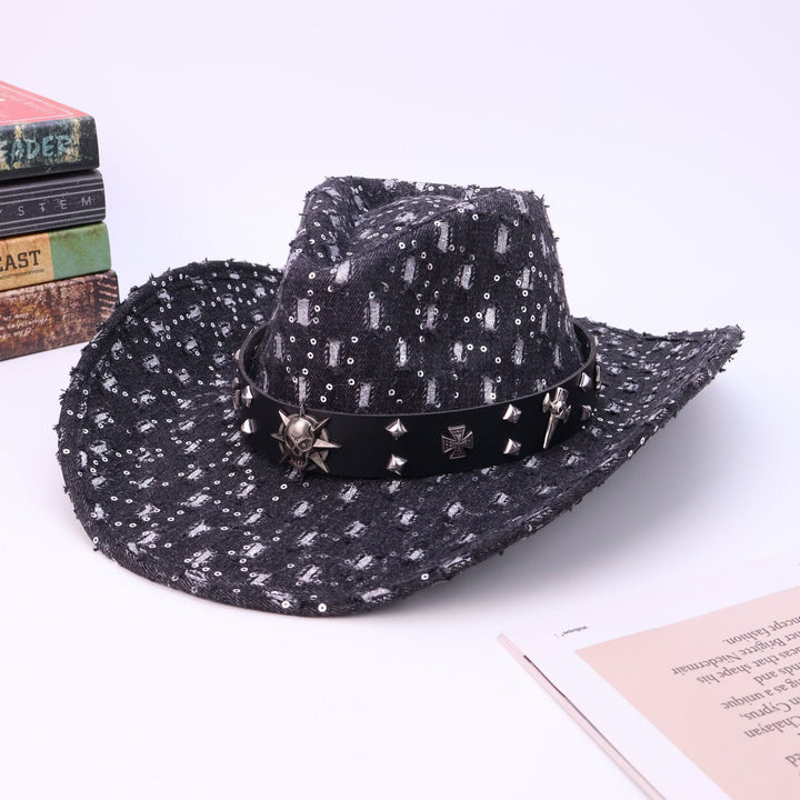 Sombrero de vaquero con cinturón negro y calavera plateada para hombre - Negro - M (22"-22 7/8") - image 6