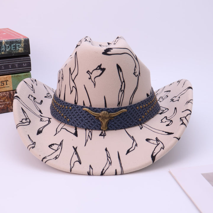 Sombrero de vaquero con estampado de pájaro y cinturón de cabeza de toro de latón para hombre - image 3