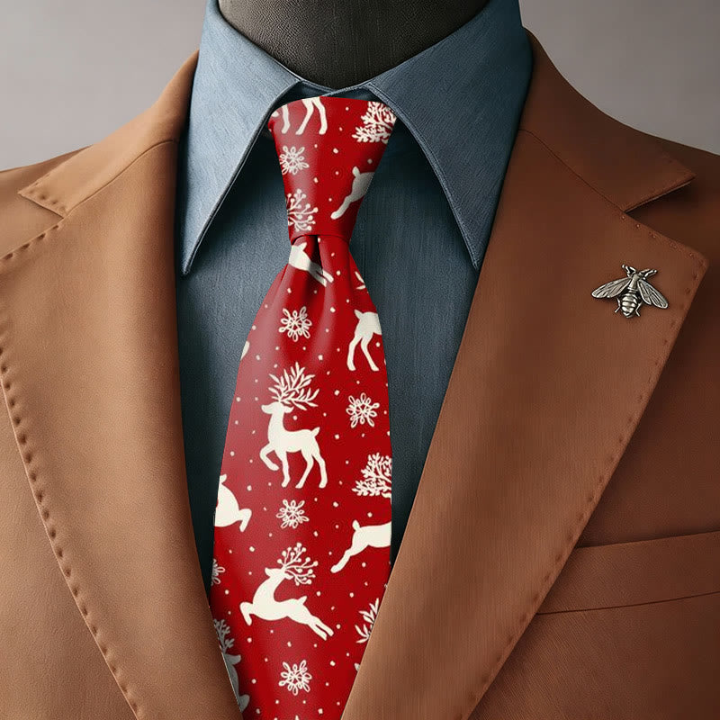 Corbata para hombre con fondo rojo, reno blanco y copo de nieve - Corbata - image 0