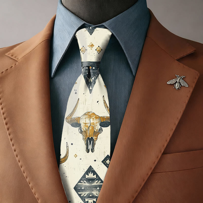 Corbata estilo occidental con estampado retro de calavera de toro y cactus para hombre - Corbata - image 0