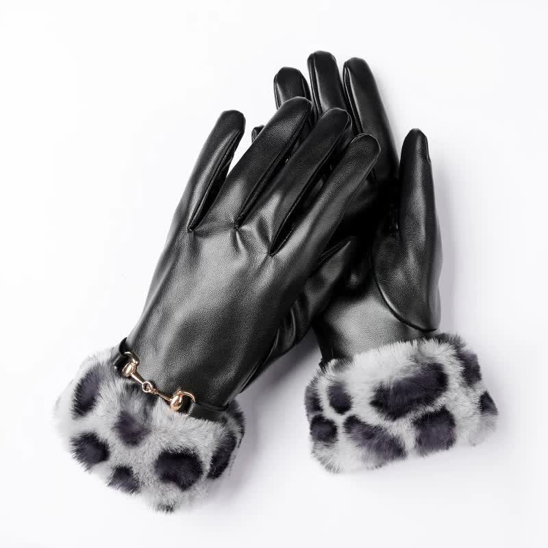 Guantes de piel con estampado de leopardo y efecto piel para mujer - Gris - image 2