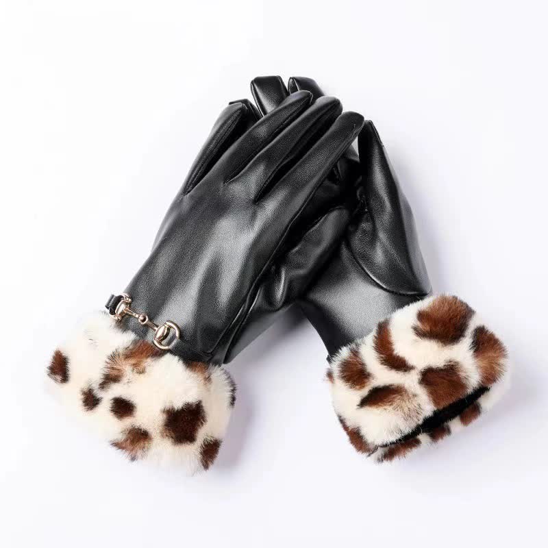 Guantes de piel con estampado de leopardo y efecto piel para mujer - Marfil - image 3