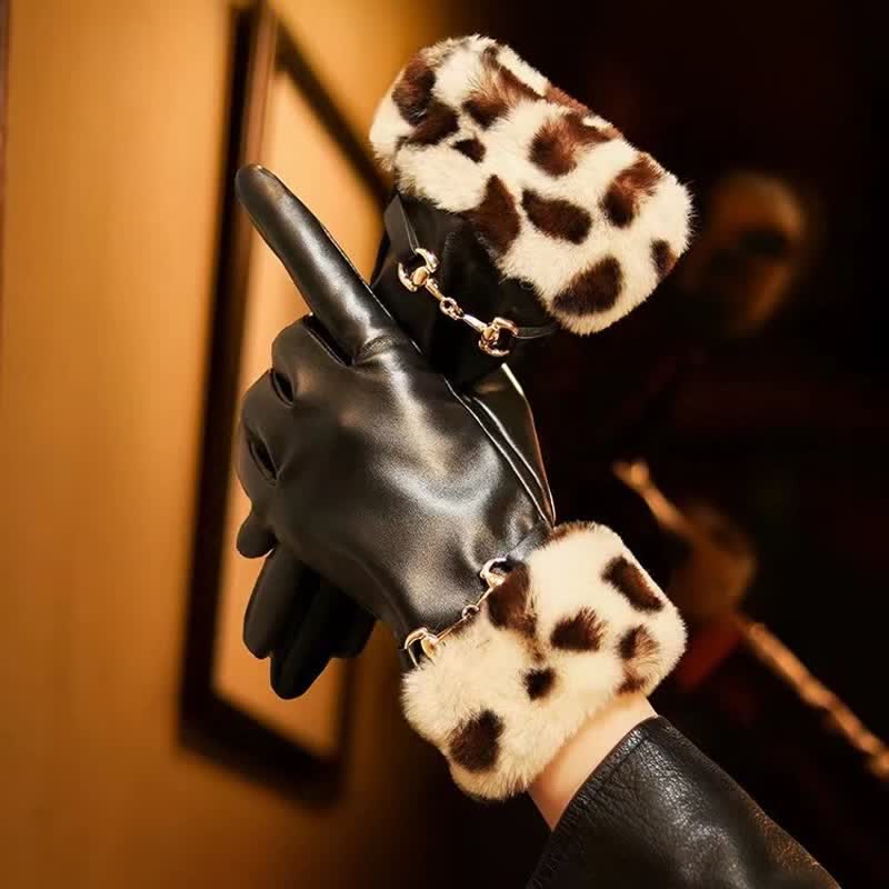 Guantes de piel con estampado de leopardo y efecto piel para mujer - Camello - image 0