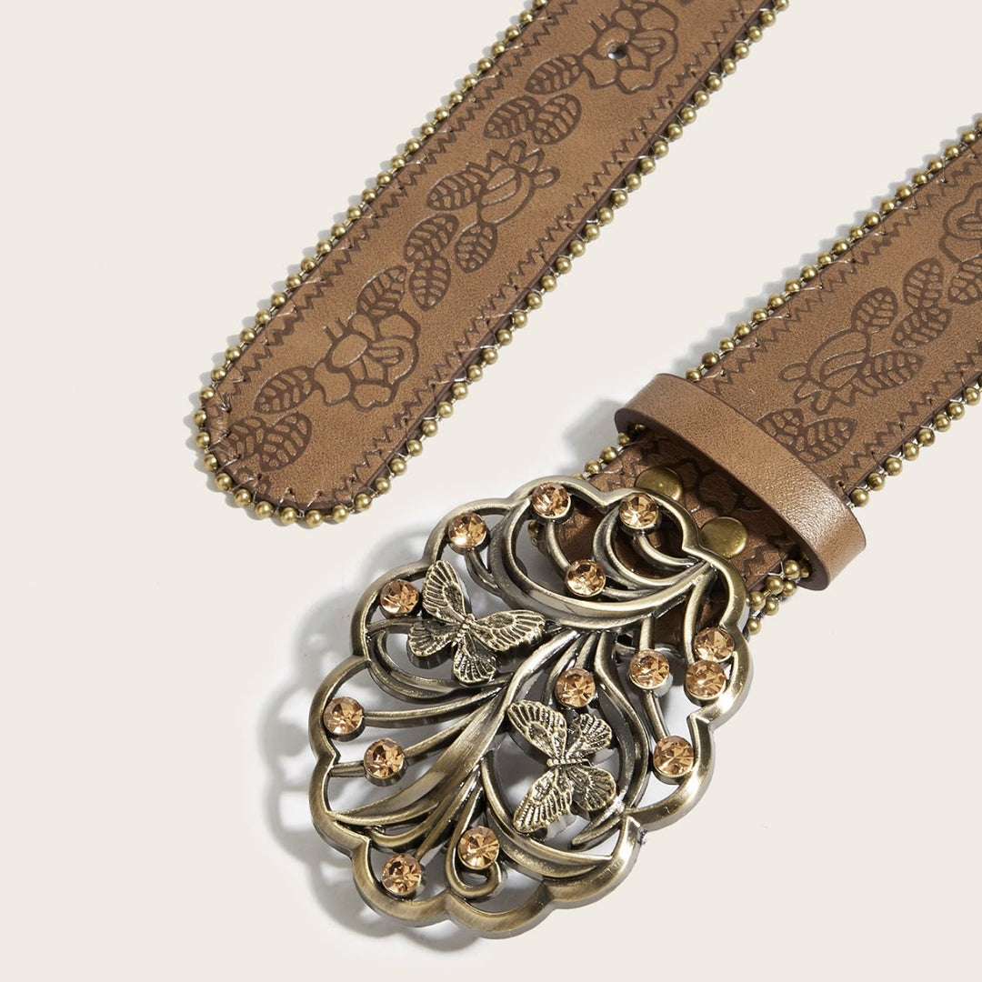Cinturón de metal con mariposa, diamante y hebilla floral en relieve marrón para mujer - image 1