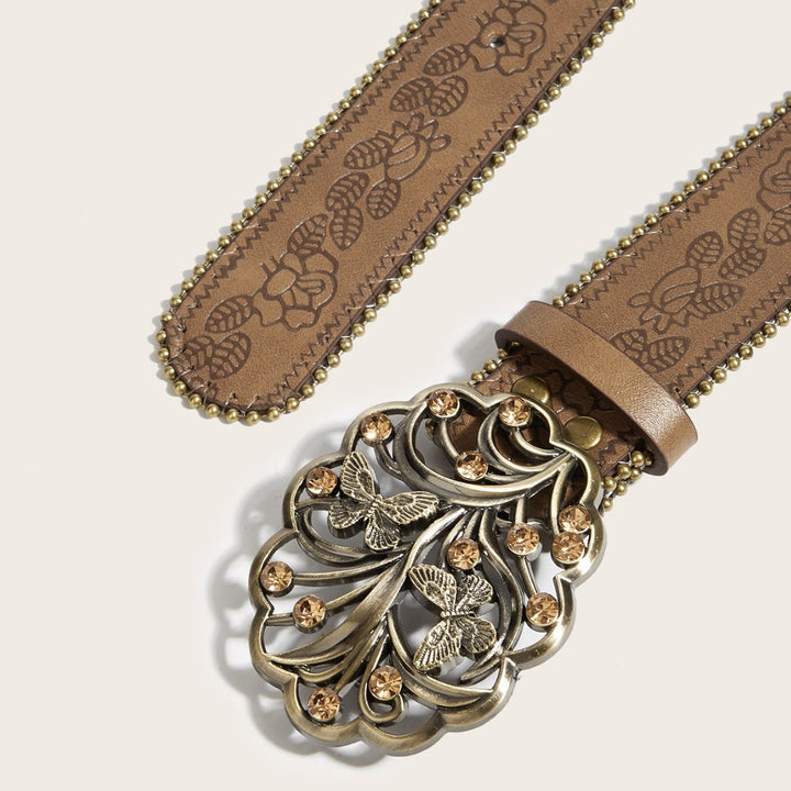 Cinturón de metal con mariposa, diamante y hebilla floral en relieve marrón para mujer - image 1