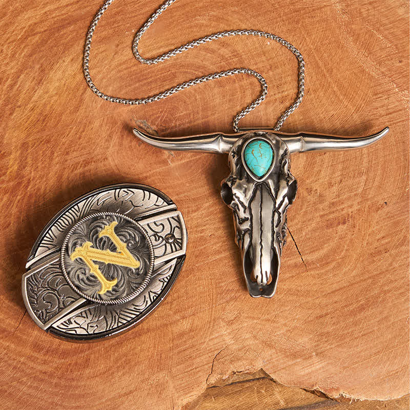 Conjunto de colgante de toro turquesa con hebilla de cuchillo oculta y letra inicial DIY - N - Sin cinturón - image 22