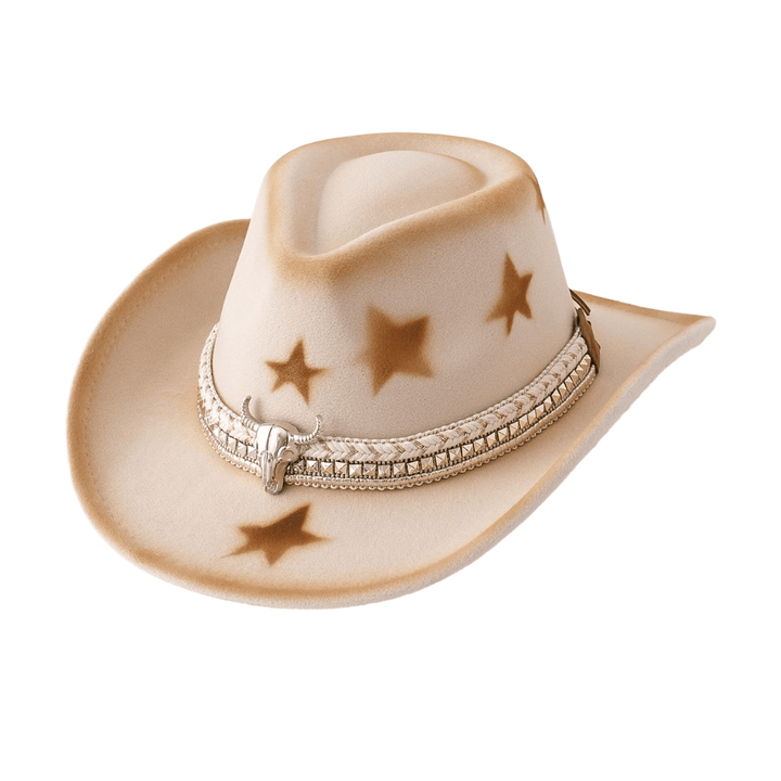 Cinturón de cabeza de toro plateado para hombre con estrellas y sombrero de vaquero beige - Beige - M (22"-22 7/8") - image 0