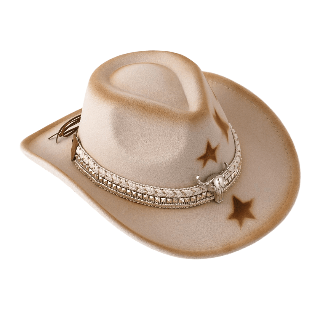 Cinturón de cabeza de toro plateado para hombre con estrellas y sombrero de vaquero beige - image 3
