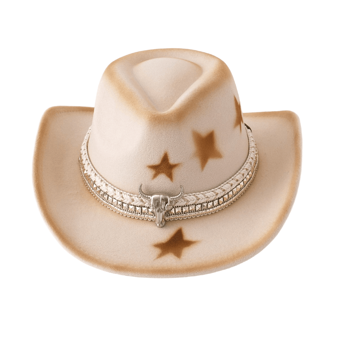 Cinturón de cabeza de toro plateado para hombre con estrellas y sombrero de vaquero beige - image 2