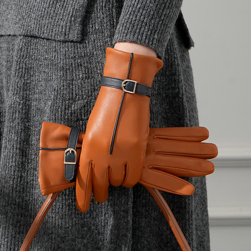 Guantes de piel de oveja auténtica con colores contrastantes para mujer - Marrón - L - image 5