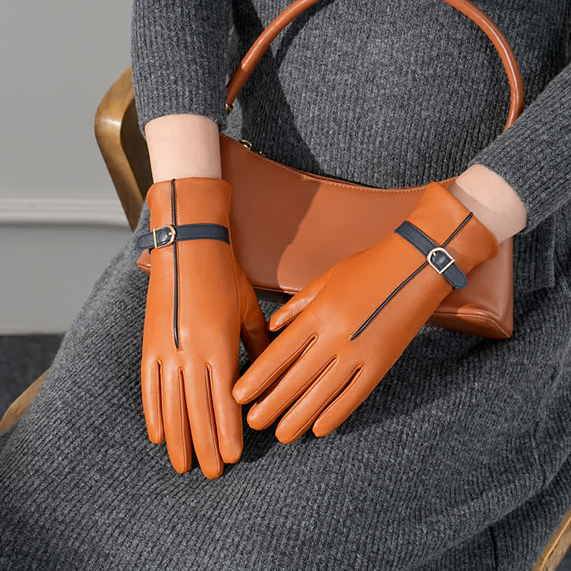 Guantes de piel de oveja auténtica con colores contrastantes para mujer - image 6