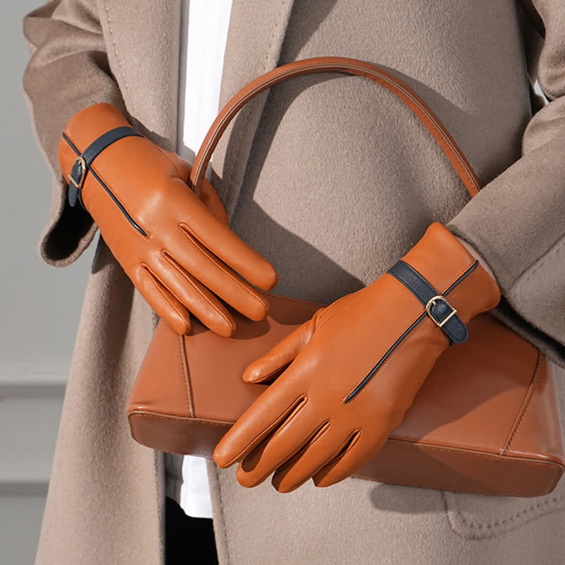 Guantes de piel de oveja auténtica con colores contrastantes para mujer - image 7