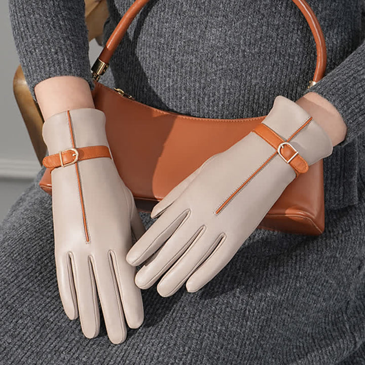 Guantes de piel de oveja auténtica con colores contrastantes para mujer - image 2