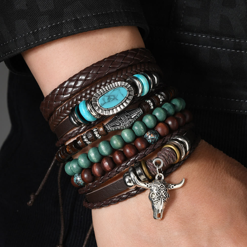 Pulsera de cuentas de cuero turquesa estilo western retro con cabeza de toro (6 unidades) - image 9