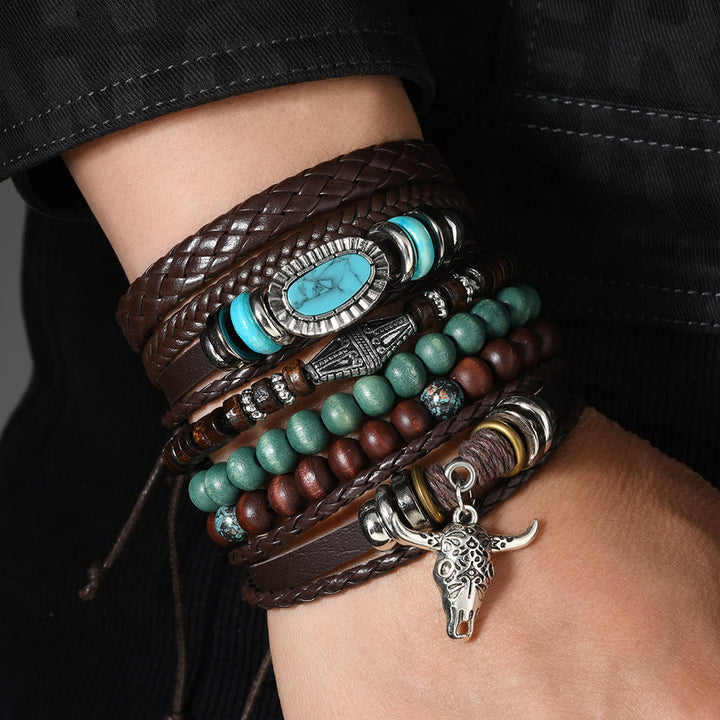 Pulsera de cuentas de cuero turquesa estilo western retro con cabeza de toro (6 unidades) - image 9
