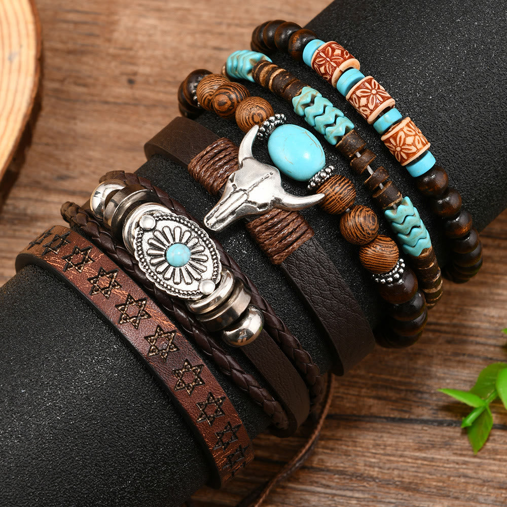 Pulsera de cuentas de cuero turquesa estilo western retro con cabeza de toro (6 unidades) - image 1