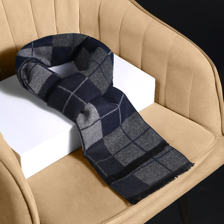 Bufanda cálida clásica con borlas a cuadros para hombre - Azul marino - image 2