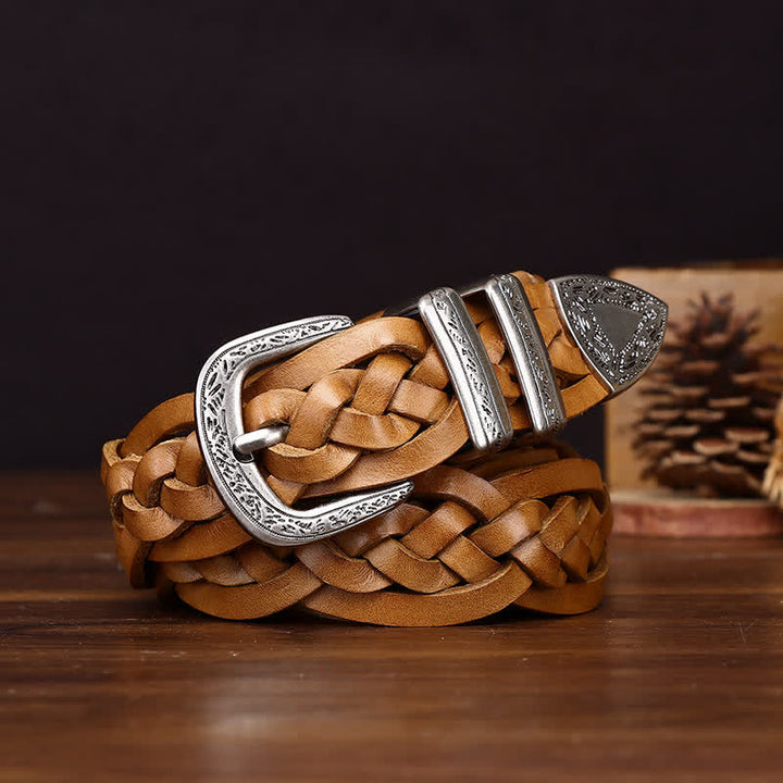 Cinturón informal de cuero trenzado a mano con encanto rústico - Caqui - 38 - image 0